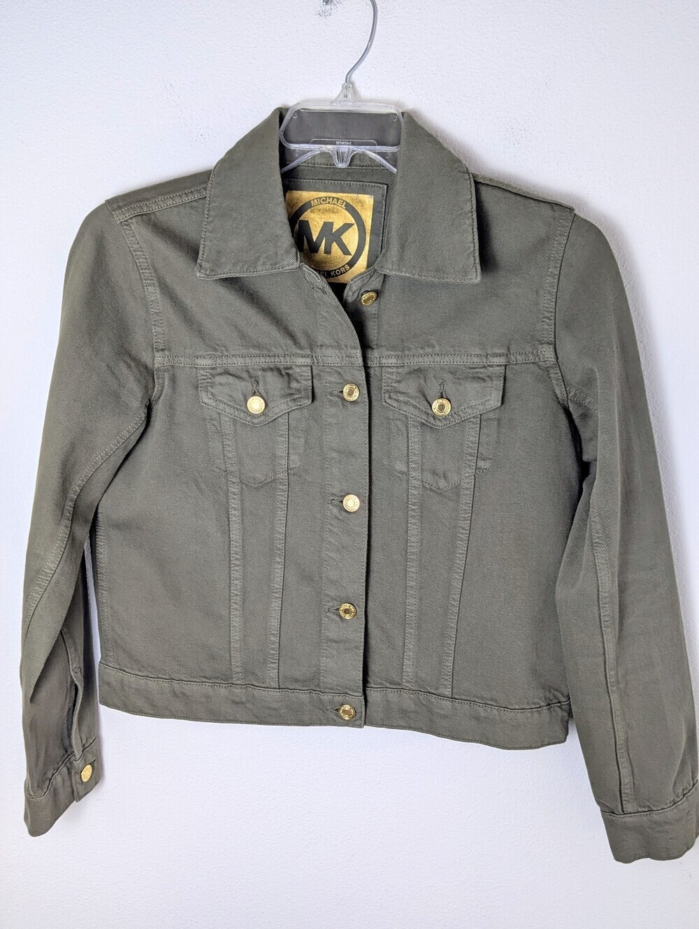 Michael Kors Denim Jacket Women Sz M Olive Green Gold Button Trucker Coat EUC